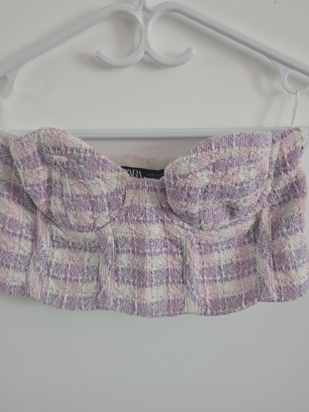 ZARA Plaid Tweed Bustier Corset Top XS Pink Purple Sweetheart Strapless Crop